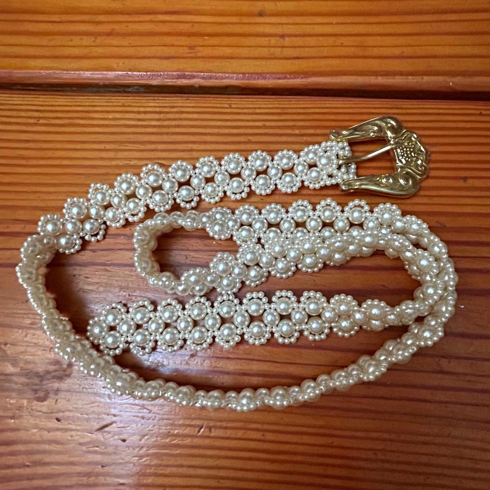 Vintage Faux Pearl Beaded Belt Gold Western Buckle Floral Cluster Cream 36.5in